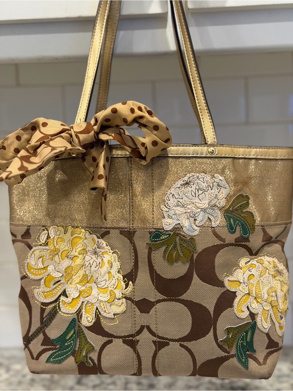 Coach Gold and Brown Floral Appliqué Tote